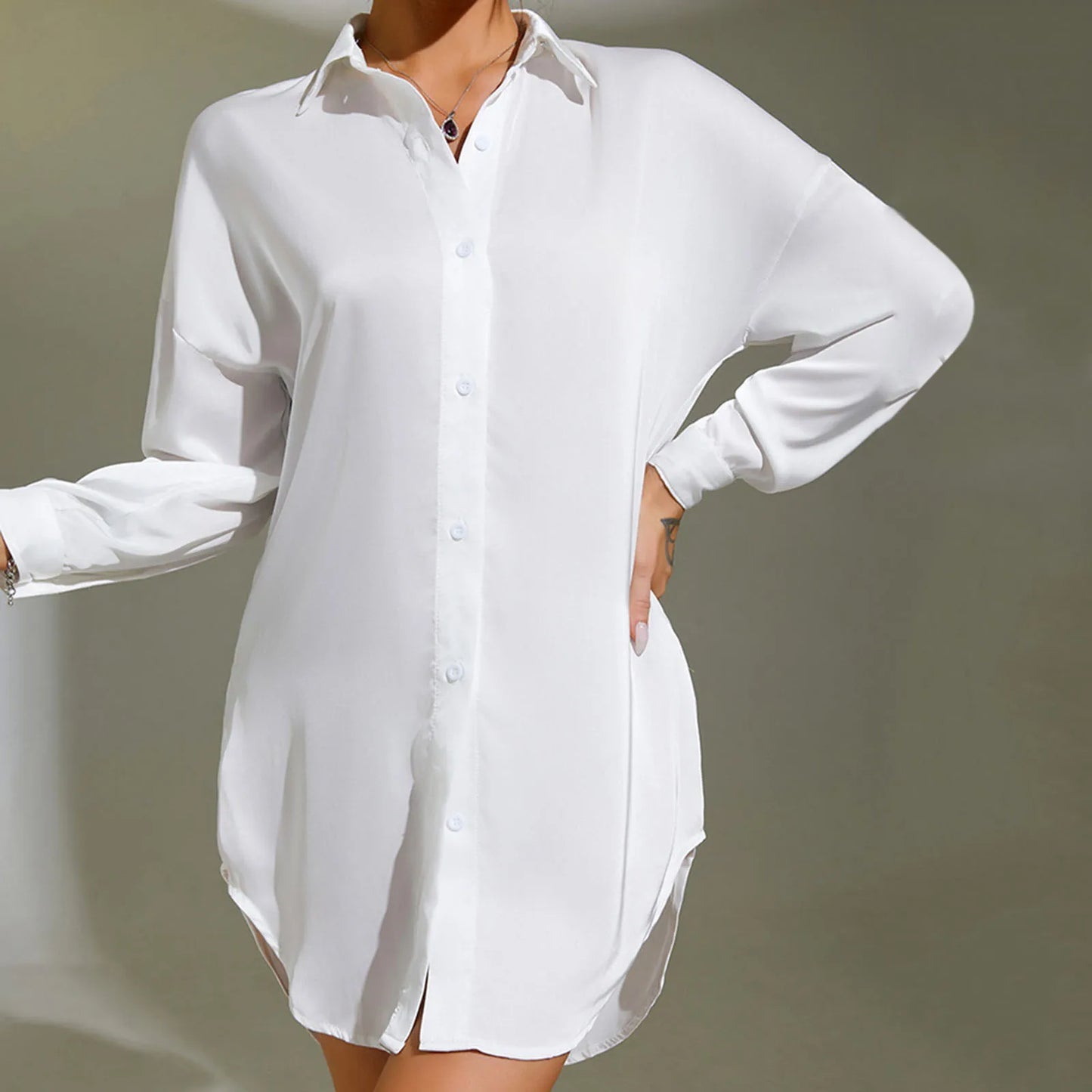 Ice Silk Pajamas Button up Long Sleeve Shirt