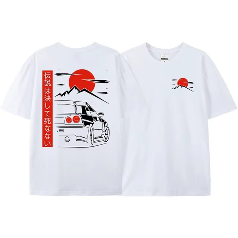 Japanese Style Car JDM Culture GTR R34 Racing T Shirts Men Back Print Street Wear Original Design Oversized 100% Cotton Tops Tee