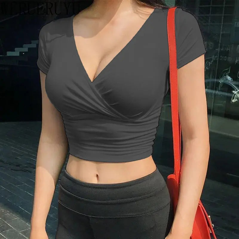 V-Neck Short Sleeve Crop Top