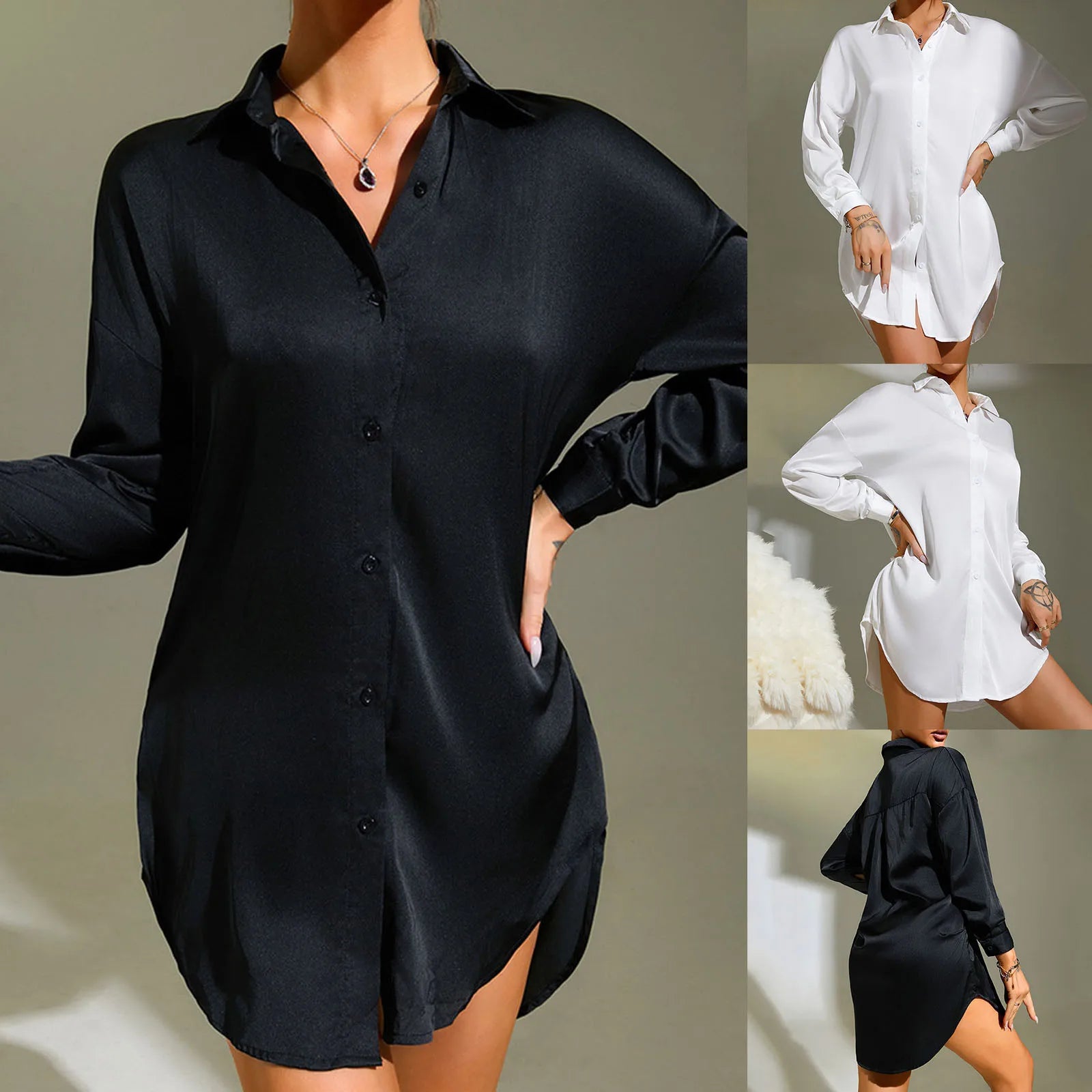 Ice Silk Pajamas Button up Long Sleeve Shirt