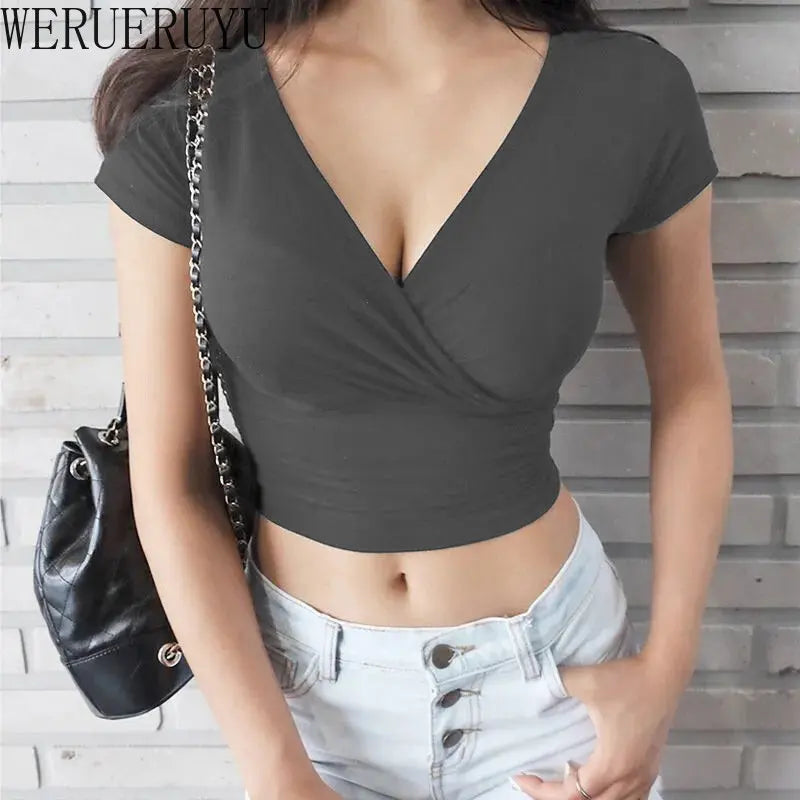 V-Neck Short Sleeve Crop Top