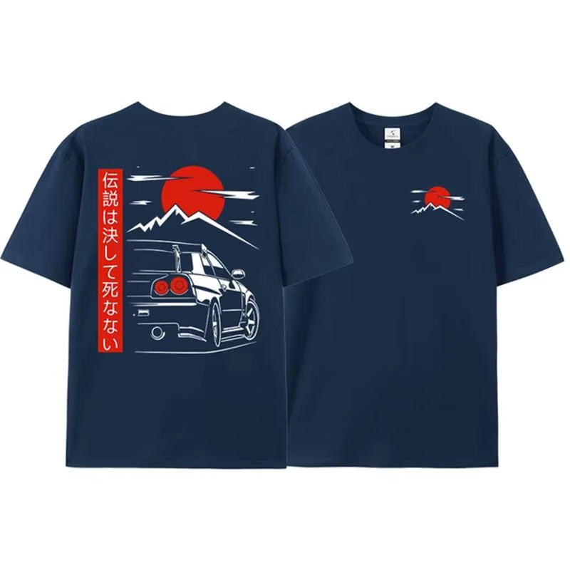 Japanese Style Car JDM Culture GTR R34 Racing T Shirts Men Back Print Street Wear Original Design Oversized 100% Cotton Tops Tee