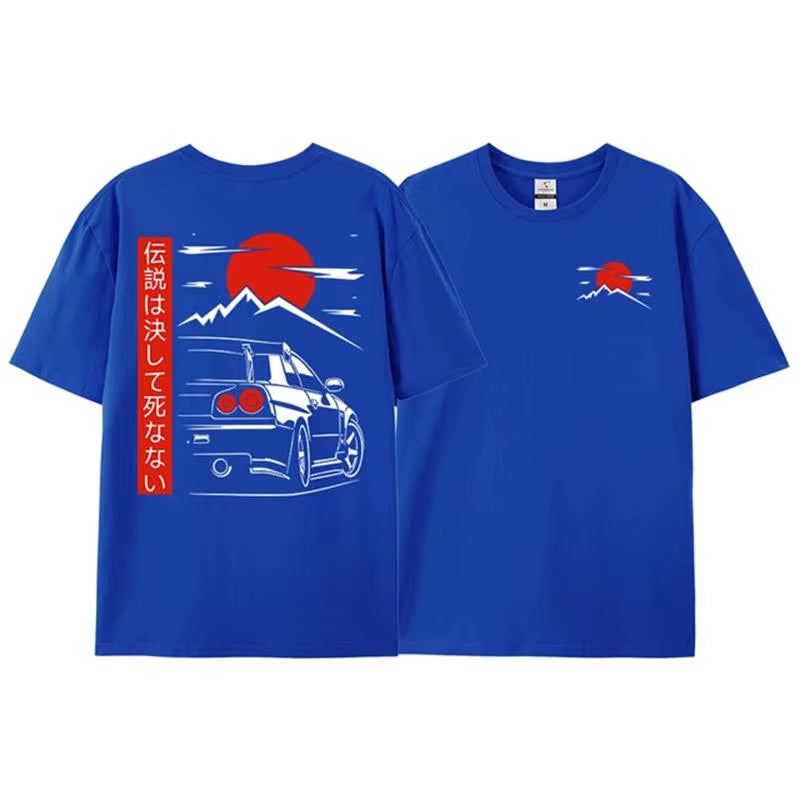 Japanese Style Car JDM Culture GTR R34 Racing T Shirts Men Back Print Street Wear Original Design Oversized 100% Cotton Tops Tee
